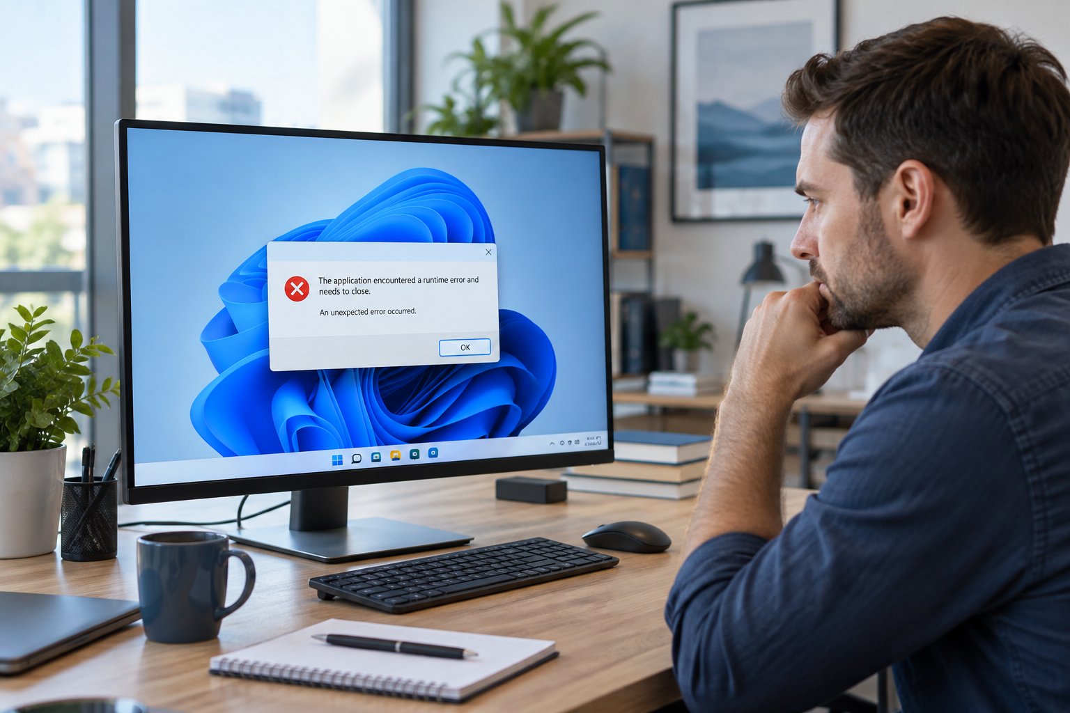 Computer displaying a runtime error while a technician investigates